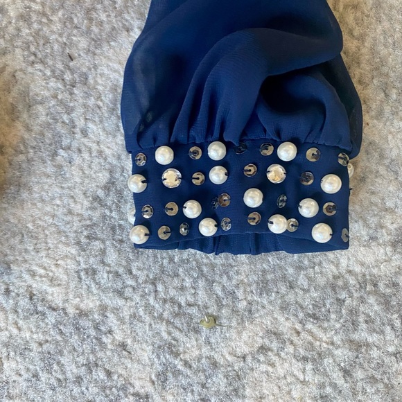 SLNY Navy Blue Long Sleeves Pearls Holiday Dress Size 8 - Picture 13 of 15